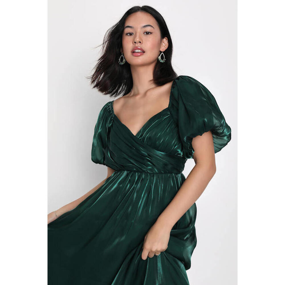 Lulus Remarkable Sensation Emerald Green Puff Sleeve Tiered Midi Dress - Size S
